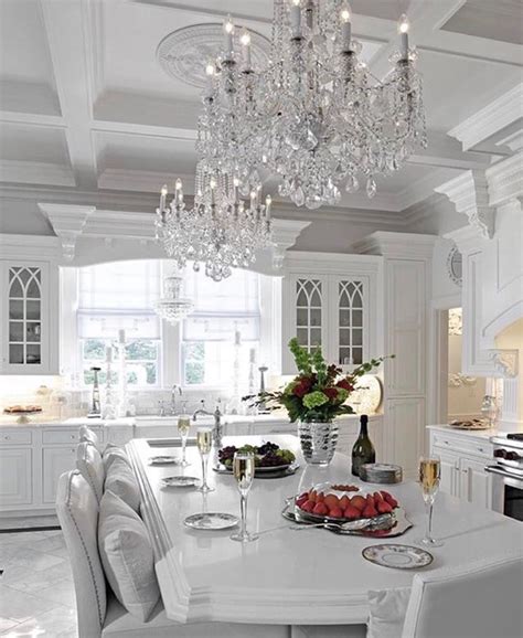 White On White Kitchen Crystal Chandeliers Coffered Ceilings Crown
