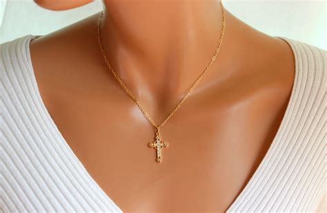 Gold Cross Necklace Women Crystal Cross Pendant Gold Filled Etsy