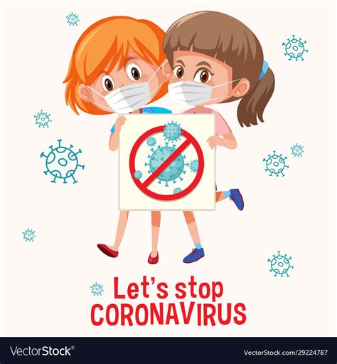 Coronavirus Poster Design With Two Girls Wearing Vector Image