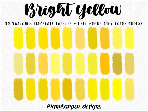 Bright Yellow Procreate Palette 30 Hex Color Codes Instant Digital