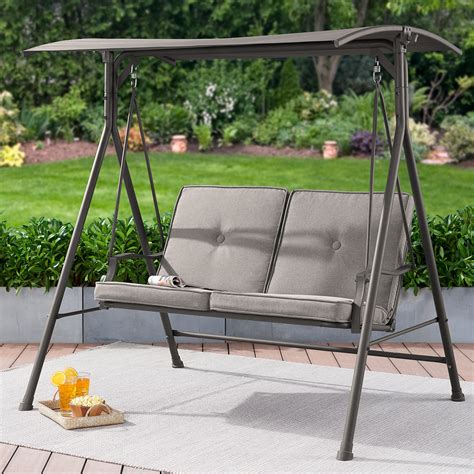 Mainstays Holten Ridge Two Seat Canopy Patio Swing With Gray Cushions
