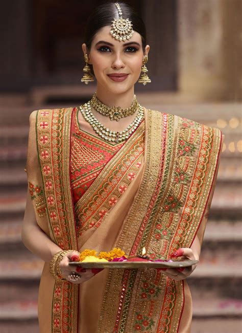 Buy Beige And Orange Organza Indian Wedding Saree In Uk