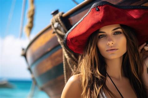 Premium Ai Image A Pirate Cute Beauty Girl With A Large Pirate Hat Caribbean Beach Background
