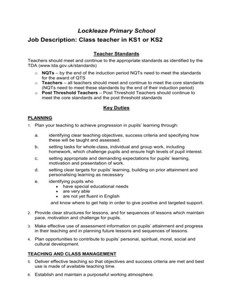 Job Description Class Teacher