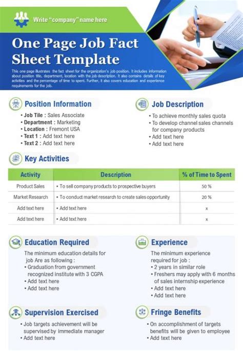 One Page Job Fact Sheet Template Presentation Report Infographic Ppt