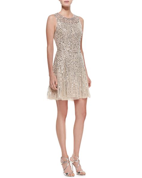 Aidan Mattox Sequined Beaded Deco Cocktail Dress In Champagne Metallic Lyst