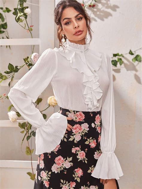 ruffle trim frill neck flounce sleeve blouse designer blouse patterns blouses for women