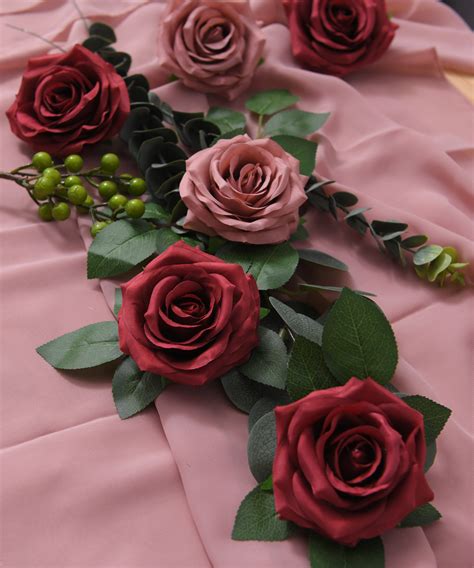 Burgundy Artificial Silk Rose Flower Heads For Wedding Flower Etsy