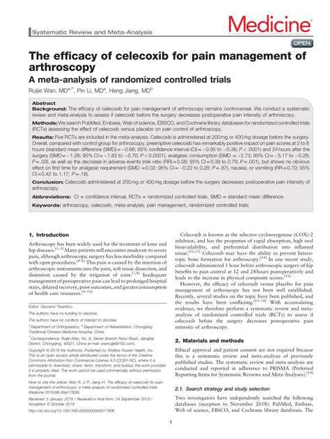 Pdf The Efficacy Of Celecoxib For Pain Management Of Arthroscopy A