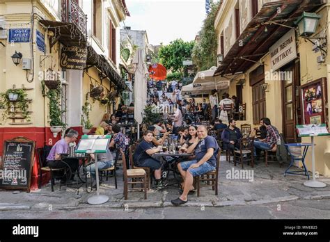 Athens Greece April 30 2016 Cozy Street Cafes Full Of Tourists At