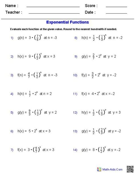 Printable Calculus Worksheets Exponential Functions Exponent