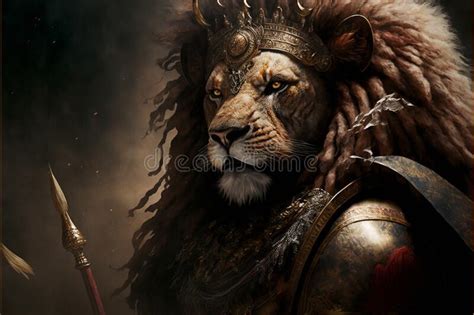 Lion Animal Portrait Dressed As A Warrior Fighter Or Combatant Soldier