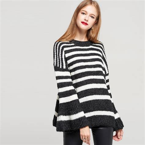 Black White Stripe Flare Sleeve Sweaters For Women Ladies Autumn