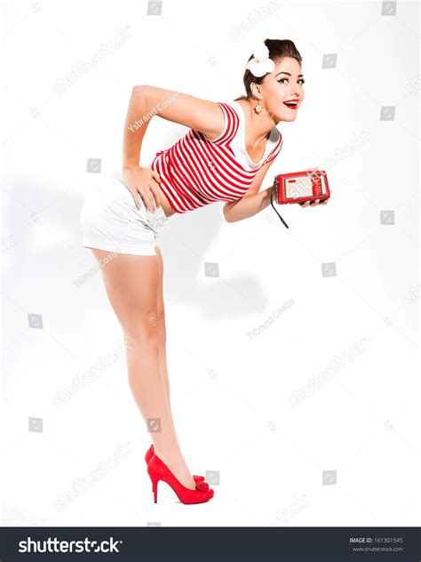 Sexy Retro Pin Up Girl With Radio And Red Lipstick Wearing