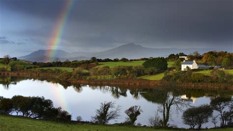 Ireland Rainbow Landscape River Houses Hills