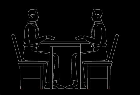 2 Men Sitting At A Table Speaking Human Figure Side View Elevation 2d