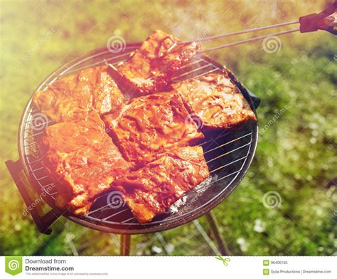 Meat Cooking On Barbecue Grill At Summer Party Stock Image Image Of
