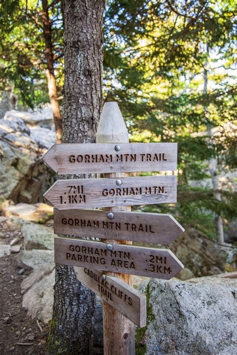 Trail Sign On Gorham Mountain Trail Acadia National Park Maine Stock