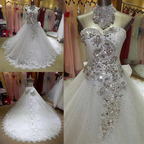 Luxury Crystal Beaded Bling Bling Ball Gown Wedding Dresses Rhinestone Sweetheart Cathedral