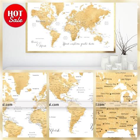 Custom Quote Faux Gold Foil Printable World Map With Cities Capitals