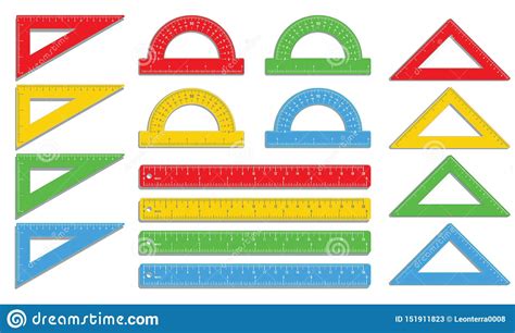 Set Of Realistic Colorful Rulers Protractors Triangles Isolated On