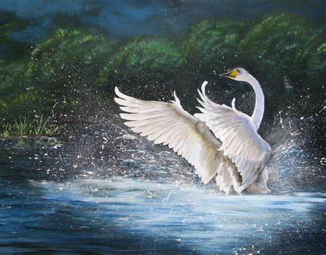 Swan Painting Bird Original Art White Swan Artwork Lake Wall Etsy