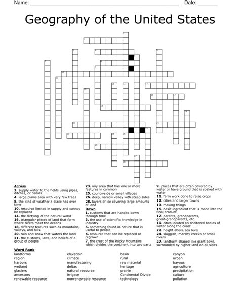 Geography Of The United States Crossword Wordmint