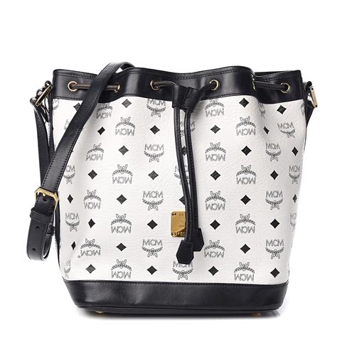 Mcm Visetos Small Heritage Drawstring Bucket Bag White Black 530137