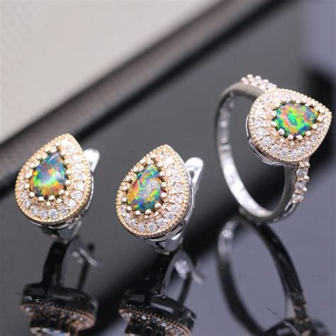 Gzjy Noblest Fashion Jewelry Set Waterdrop Colors Fire Opal Zircon Gold Color Ring Earrings