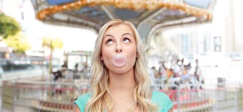 Happy Young Woman Or Teenage Girl Chewing Gum Stock Image Image Of