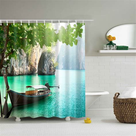 Boat Printed Polyester Waterproof Shower Curtain Include Pcs Hooks