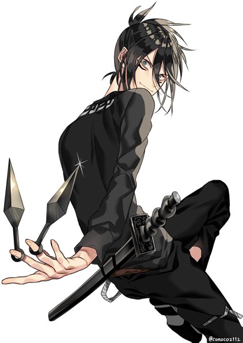 An Anime Character With Black Hair Holding Two Knives And Wearing Black