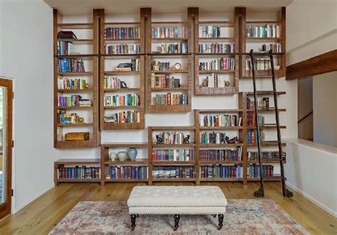 Modern Custom Home Library Rolling Ladder Bookcases Shelves In