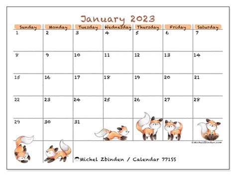 Calendar January 2023 Foxes Ss Michel Zbinden Nz