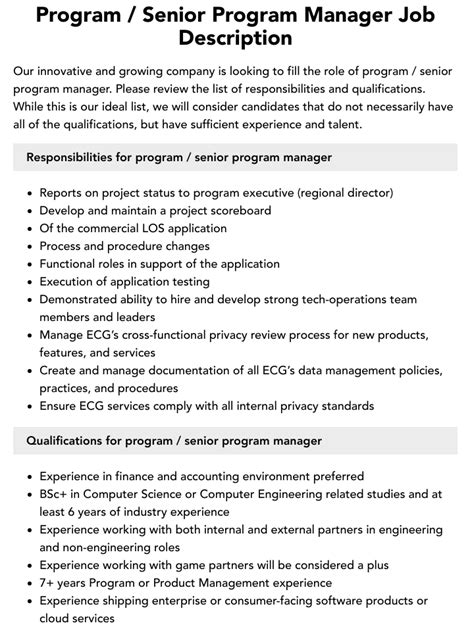 Program Senior Program Manager Job Description Velvet Jobs