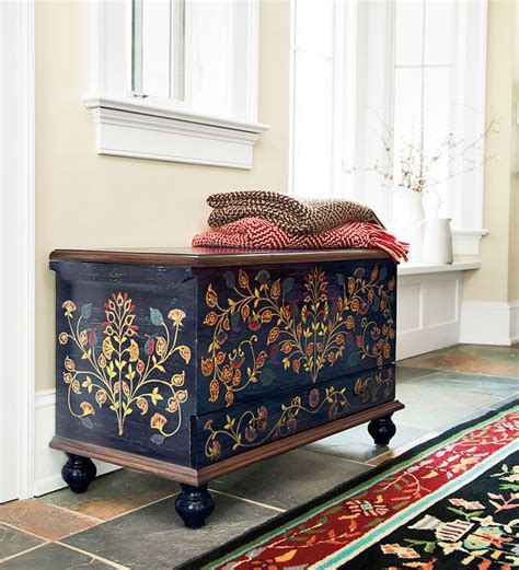 Hand Painted Carved Wood Folk Art Trunk Painted Furniture Hand