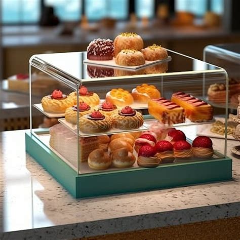 Sweet Pastries With Berries Showcase In A Candy Store Glass Stand