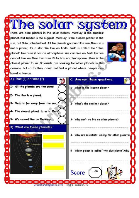 Reading Comprehension Test Theme The Solar System Esl Worksheet