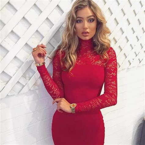 2017 New Arrival Red Long Sleeve Lace Dress Women Sexy Bodycon Bandage Dress Elegant Evening