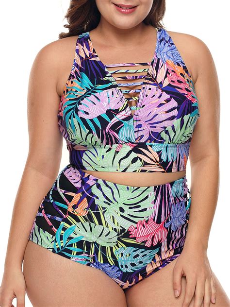 Beeachgirl Women Plus Size Swimsuit Tropical Print Neck Detail Two Piece Swimwear M 3xl