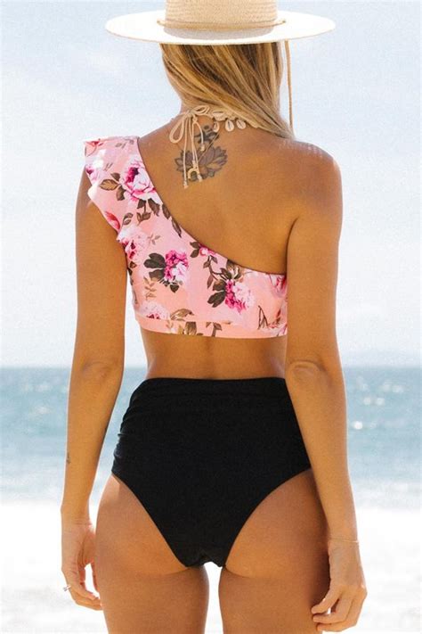 Floral Print Ruffle One Shoulder Bikini Set Shopperboard