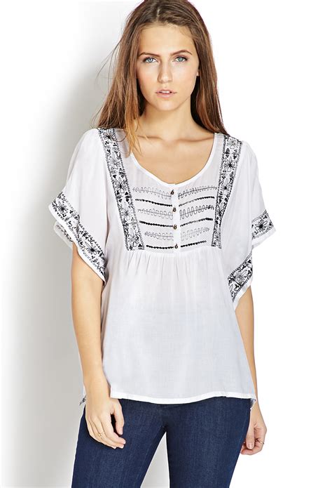 Lyst Forever 21 Embroidered Peasant Top In Gray