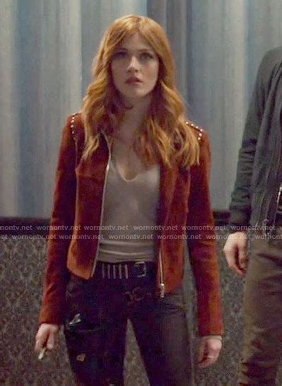 Wornontv Clarys Split Neck Top And Red Suede Jacket On Shadowhunters