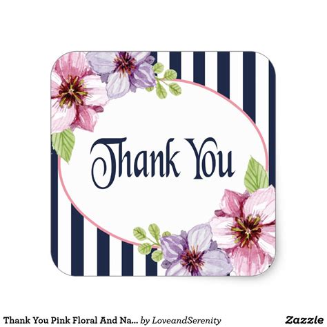 Thank You Pink Floral And Navy Blue Stripes Square Sticker Thank You