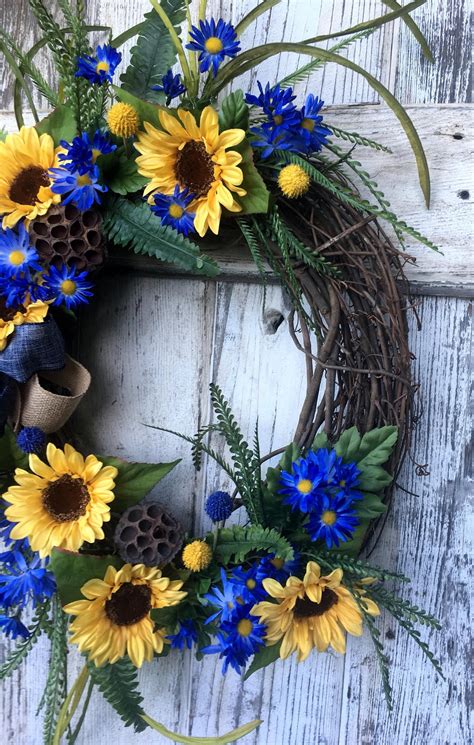 Spring wreath, Summer wreath, Sunflower wreath, Blue and yellow wreath, Everyday wreath, wreath ...