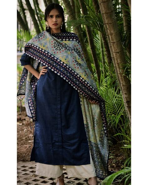 Navy Blue Straight Kurta And Grey Dupatta Set Of Two By Tie And Dye Tale