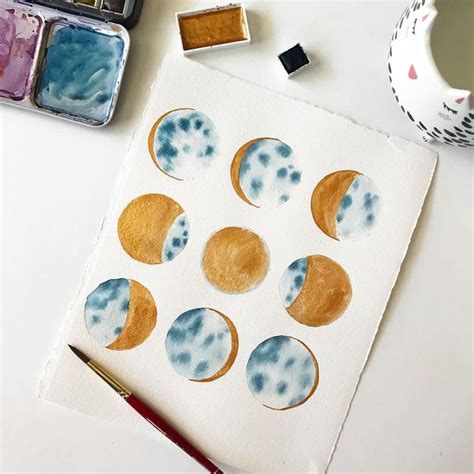 8x10 Original Watercolor Painting Of Moon Phases Moons Waxing And