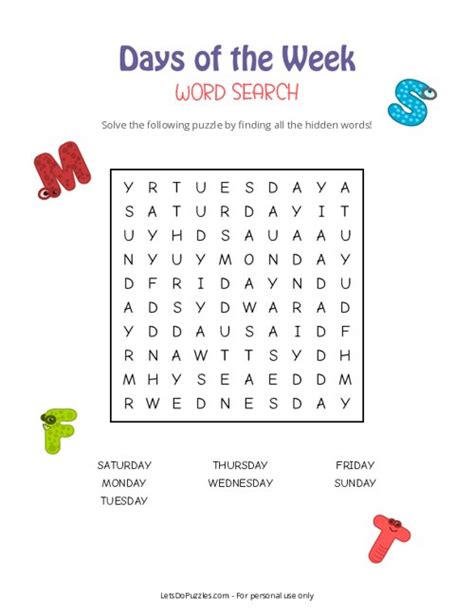 Printable Days Of The Week Word Search