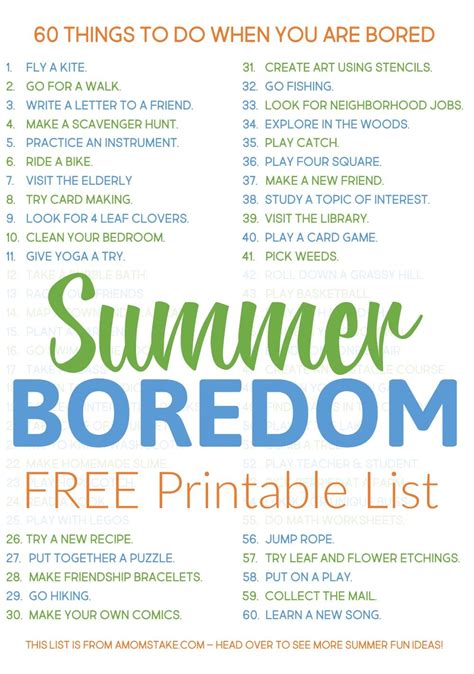 The Summer Boredom Printable List Is Shown In Blue Green And Orange