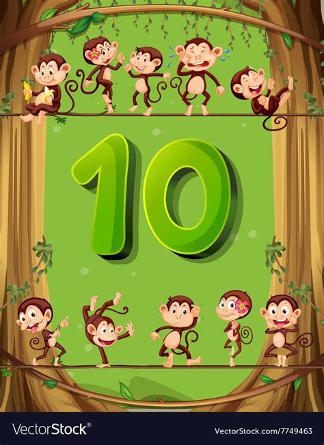 Number Ten With 10 Monkeys On The Tree Royalty Free Vector Numbers